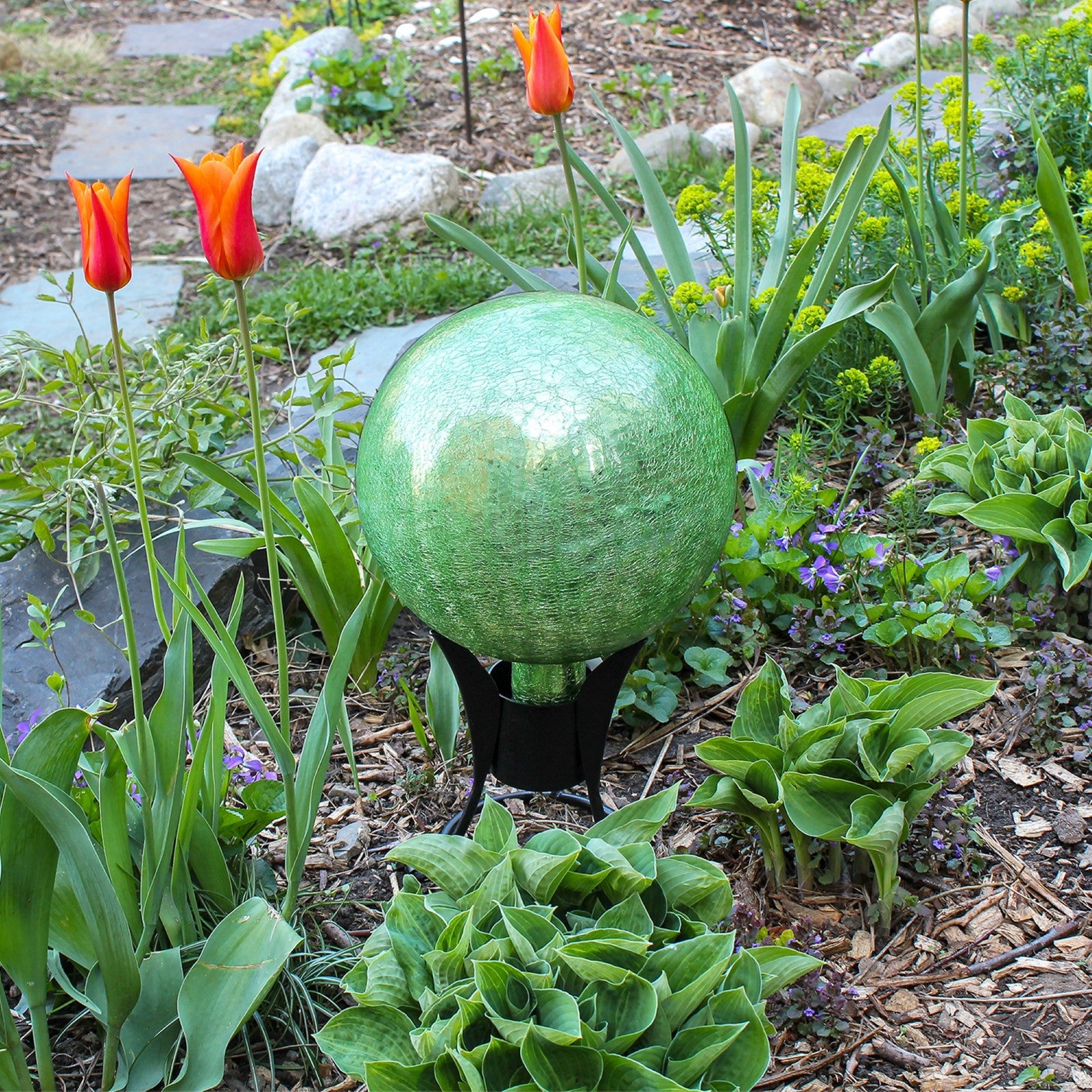 ACHLA G10 10in Gazing Globe | Crackle Light Green Hand-Blown Glass | Garden & Patio Accent | 10 x 10 x 12 in | Model G10-LG-C