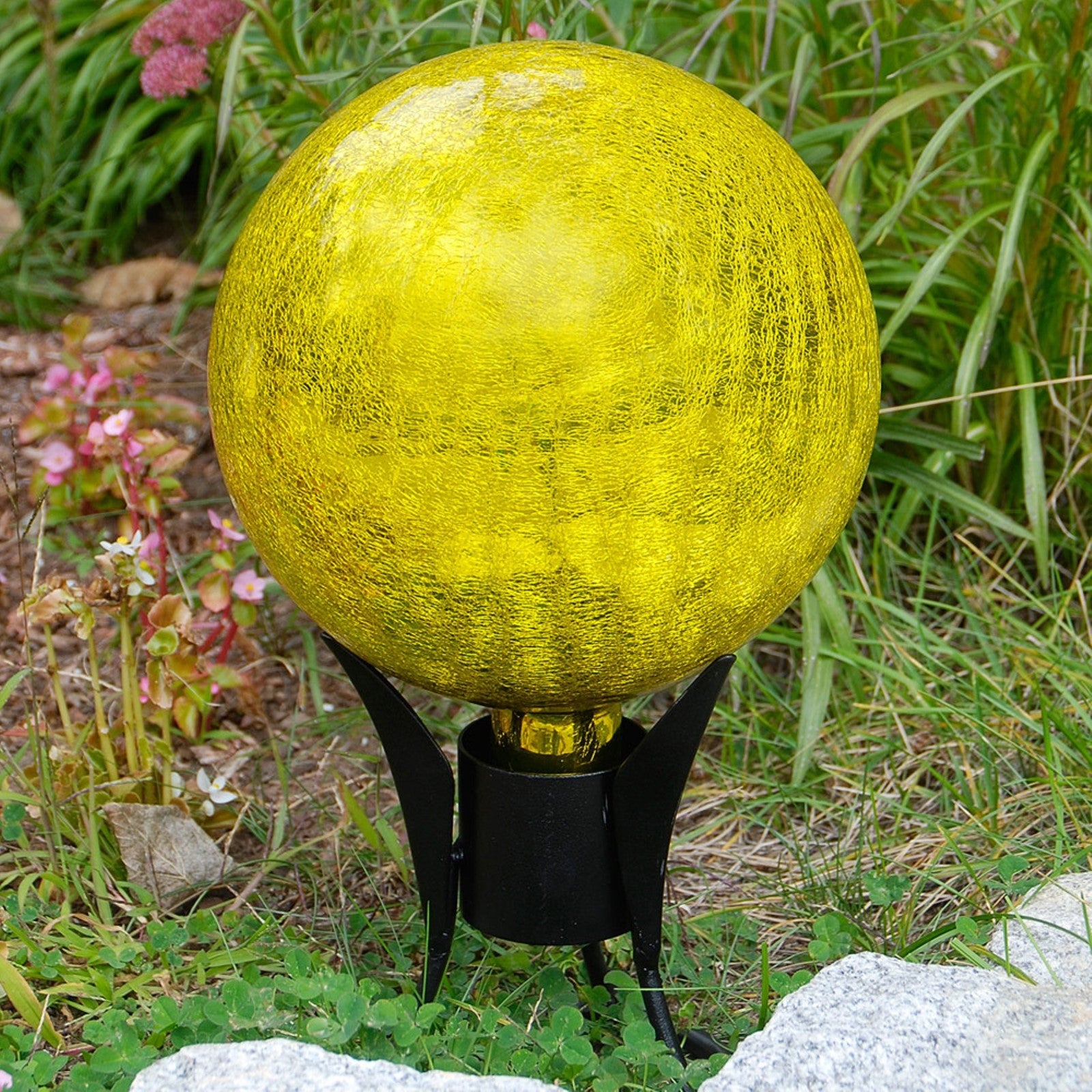 ACHLA Gazing Globe 10in Lemon Drop Crackle Glass | Hand-Blown Reflective Garden Sphere | Patio & Garden Accent | 10 x 10 x 12 in | Model G10-Y-C