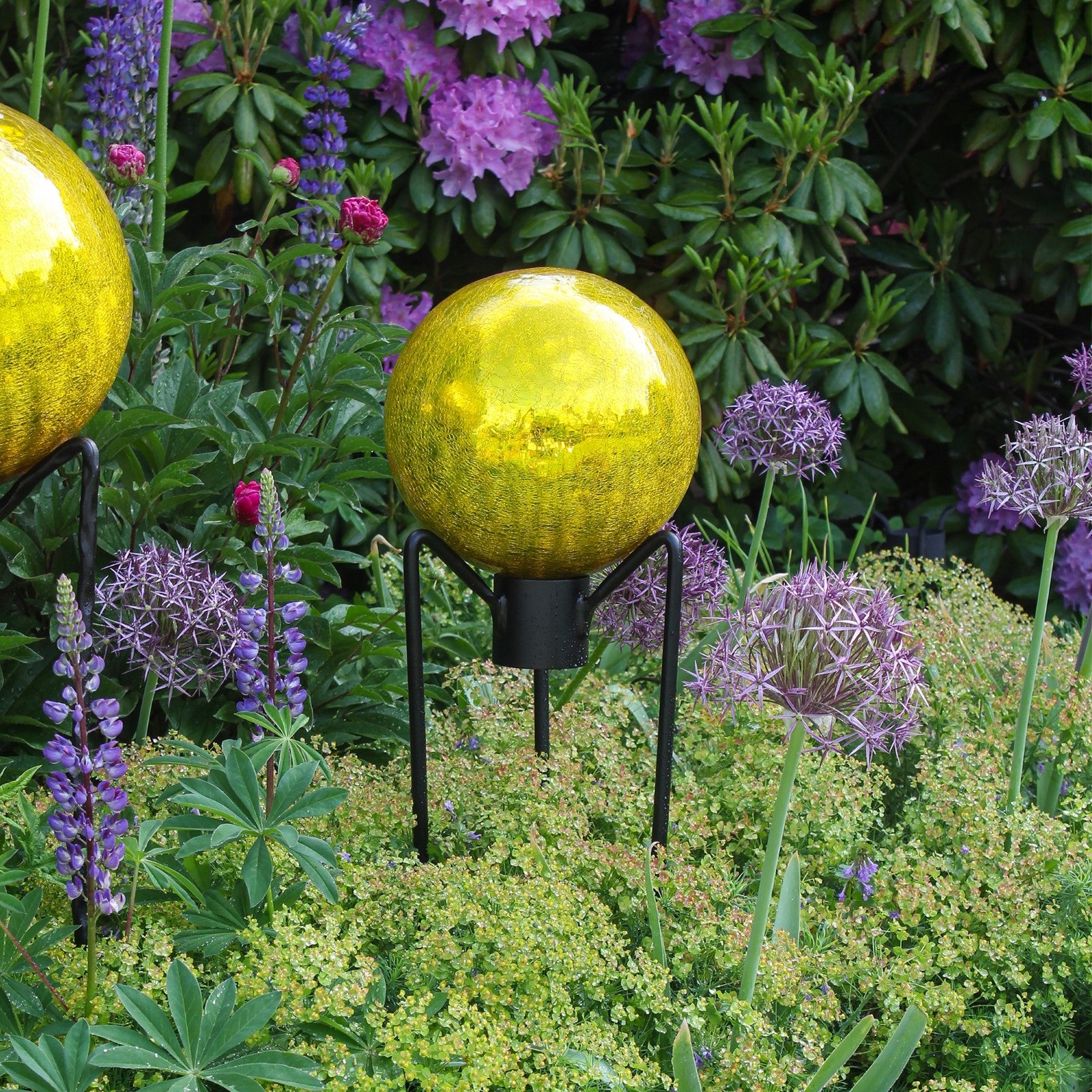 ACHLA Gazing Globe 10in Lemon Drop Crackle Glass | Hand-Blown Reflective Garden Sphere | Patio & Garden Accent | 10 x 10 x 12 in | Model G10-Y-C