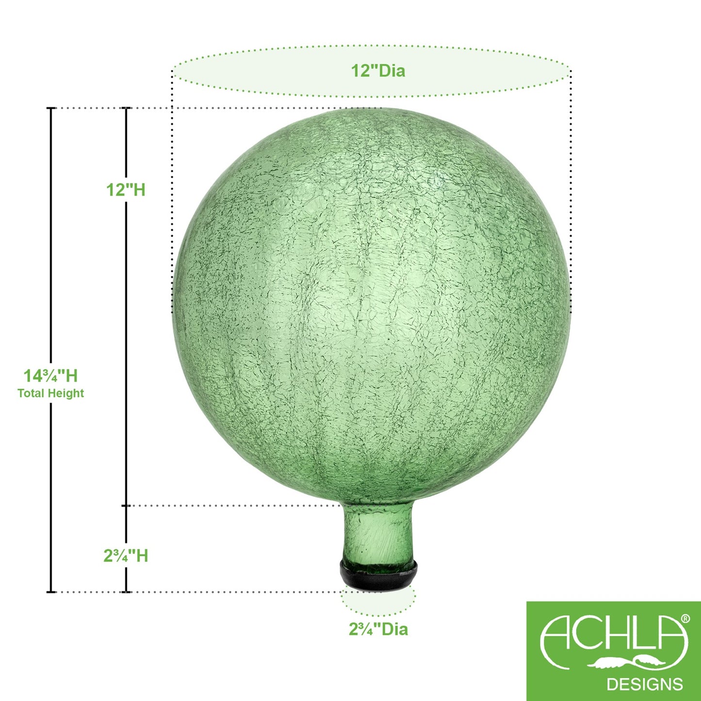 ACHLA 12in Light Green Crackle Gazing Globe | Hand-Blown Glass Garden Sphere | Patio & Yard Decor Accent | 12 x 12 x 14 in | Model G12-LG-C