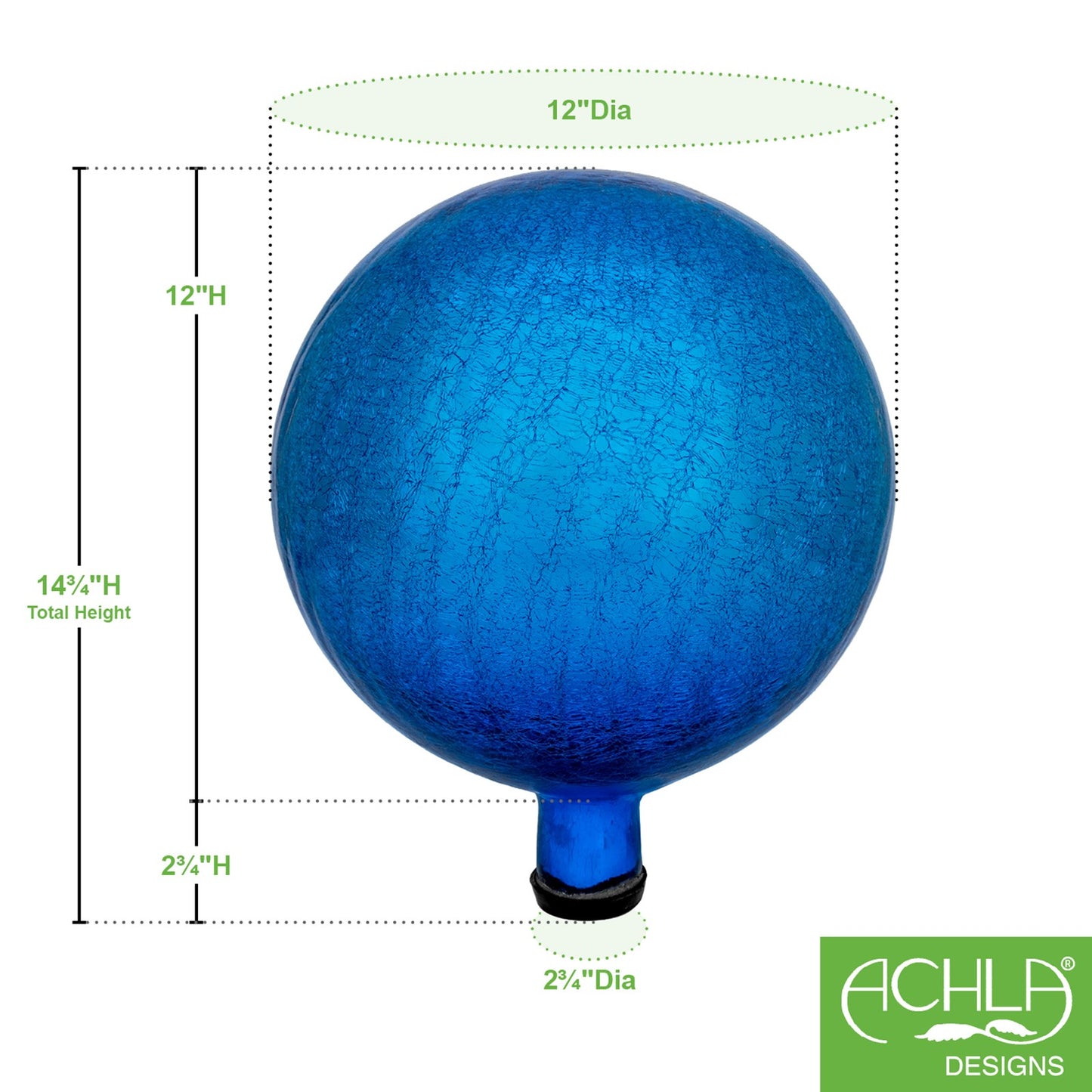 ACHLA 12in Teal Crackle Gazing Globe | Hand-Blown Crackled Glass Garden Sphere | Patio & Garden Accent | 12 x 12 x 14 in | Model G12-T-C