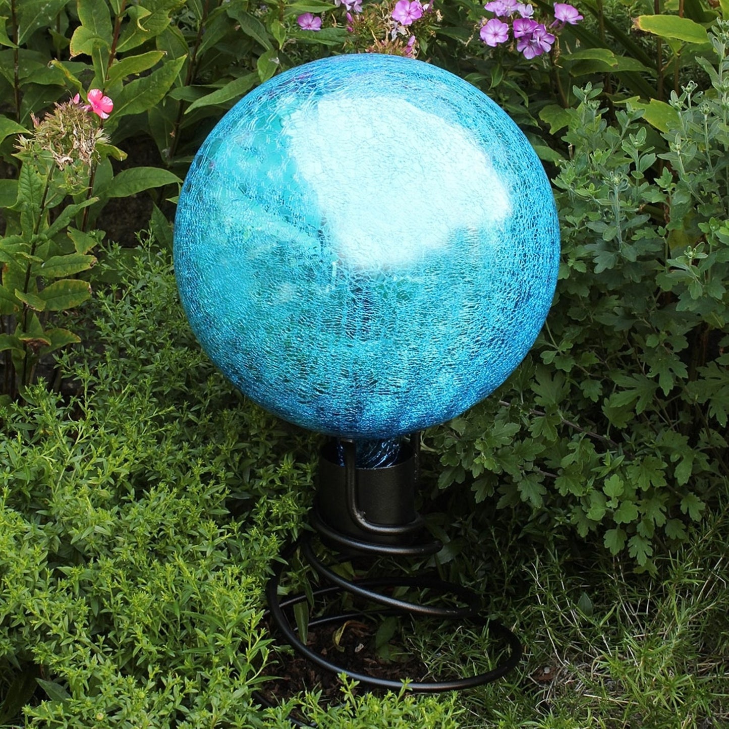 ACHLA 12in Teal Crackle Gazing Globe | Hand-Blown Crackled Glass Garden Sphere | Patio & Garden Accent | 12 x 12 x 14 in | Model G12-T-C