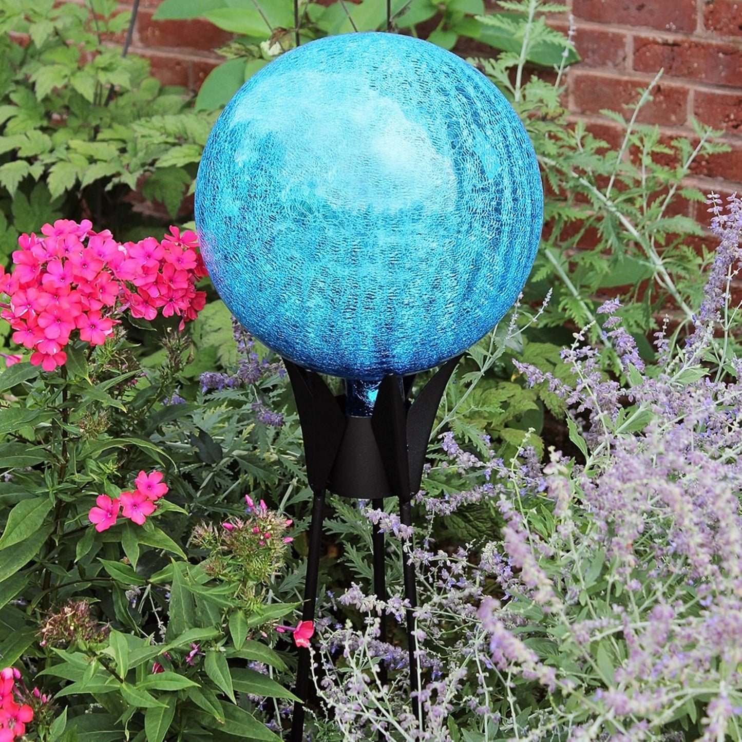 ACHLA 12in Teal Crackle Gazing Globe | Hand-Blown Crackled Glass Garden Sphere | Patio & Garden Accent | 12 x 12 x 14 in | Model G12-T-C
