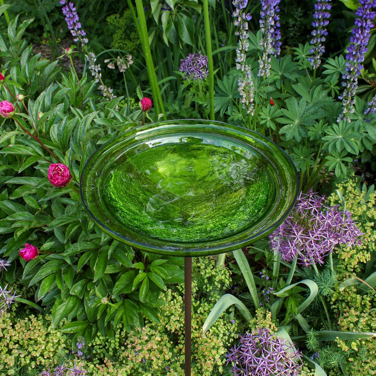 ACHLA Fern Green Crackle Glass Bowl with Stand | 12.5in Diameter Outdoor Garden Decor | Patio & Yard Accent | 12.5 x 12.5 x 3 in | Model GBB-05