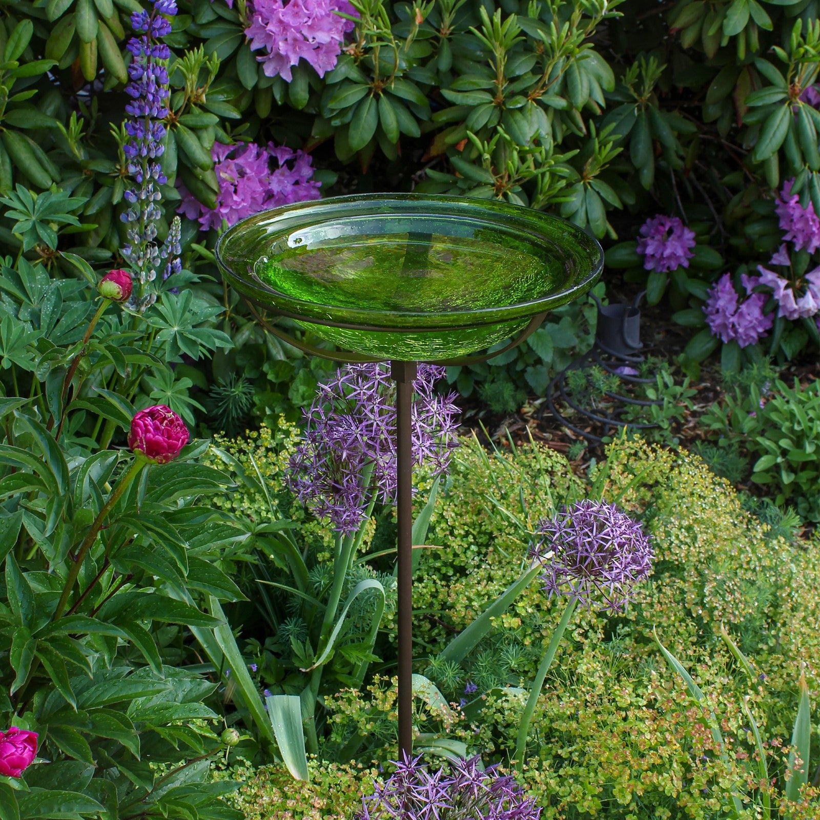 ACHLA Fern Green Crackle Glass Bowl with Stand | 12.5in Diameter Outdoor Garden Decor | Patio & Yard Accent | 12.5 x 12.5 x 3 in | Model GBB-05