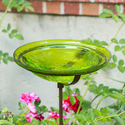 ACHLA Fern Green Crackle Glass Bowl with Stand | 12.5in Diameter Outdoor Garden Decor | Patio & Yard Accent | 12.5 x 12.5 x 3 in | Model GBB-05