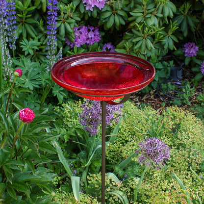 ACHLA Red Crackle Glass Bowl with Stand | Roman Bronze Metal Cradle | Garden & Patio Decorative Accent | 12.5 x 12.5 x 3 in | Model GBB-09