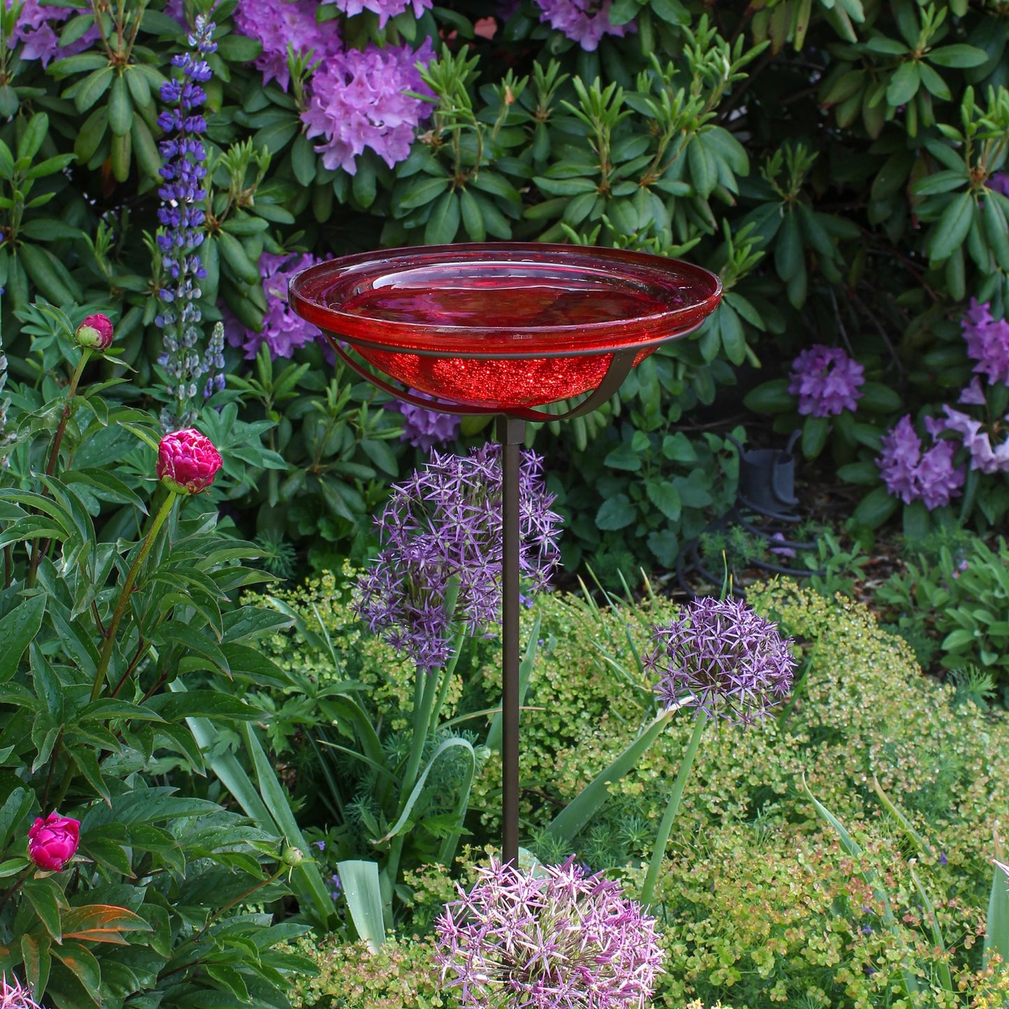 ACHLA Red Crackle Glass Bowl with Stand | Roman Bronze Metal Cradle | Garden & Patio Decorative Accent | 12.5 x 12.5 x 3 in | Model GBB-09