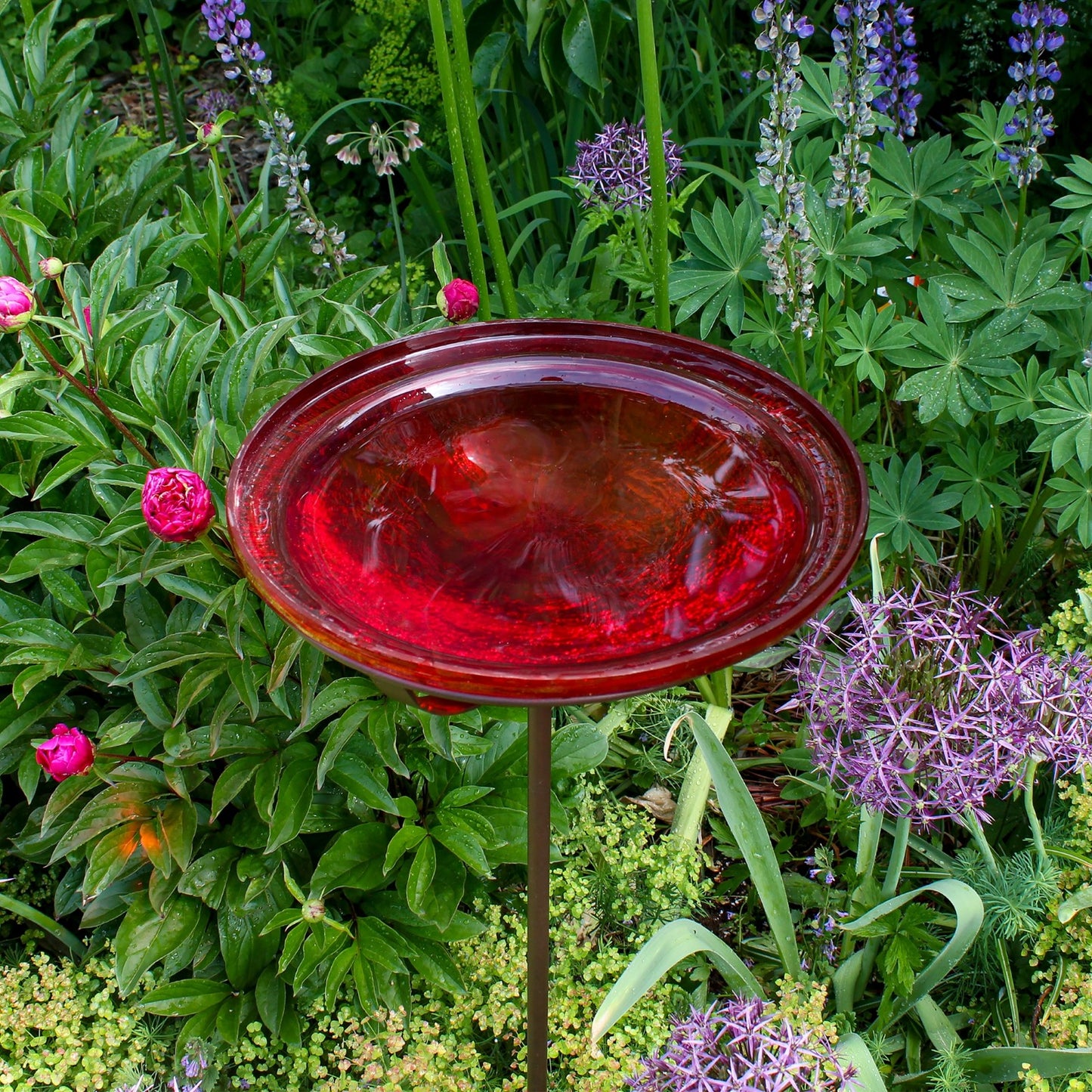 ACHLA Red Crackle Glass Bowl with Stand | Roman Bronze Metal Cradle | Garden & Patio Decorative Accent | 12.5 x 12.5 x 3 in | Model GBB-09