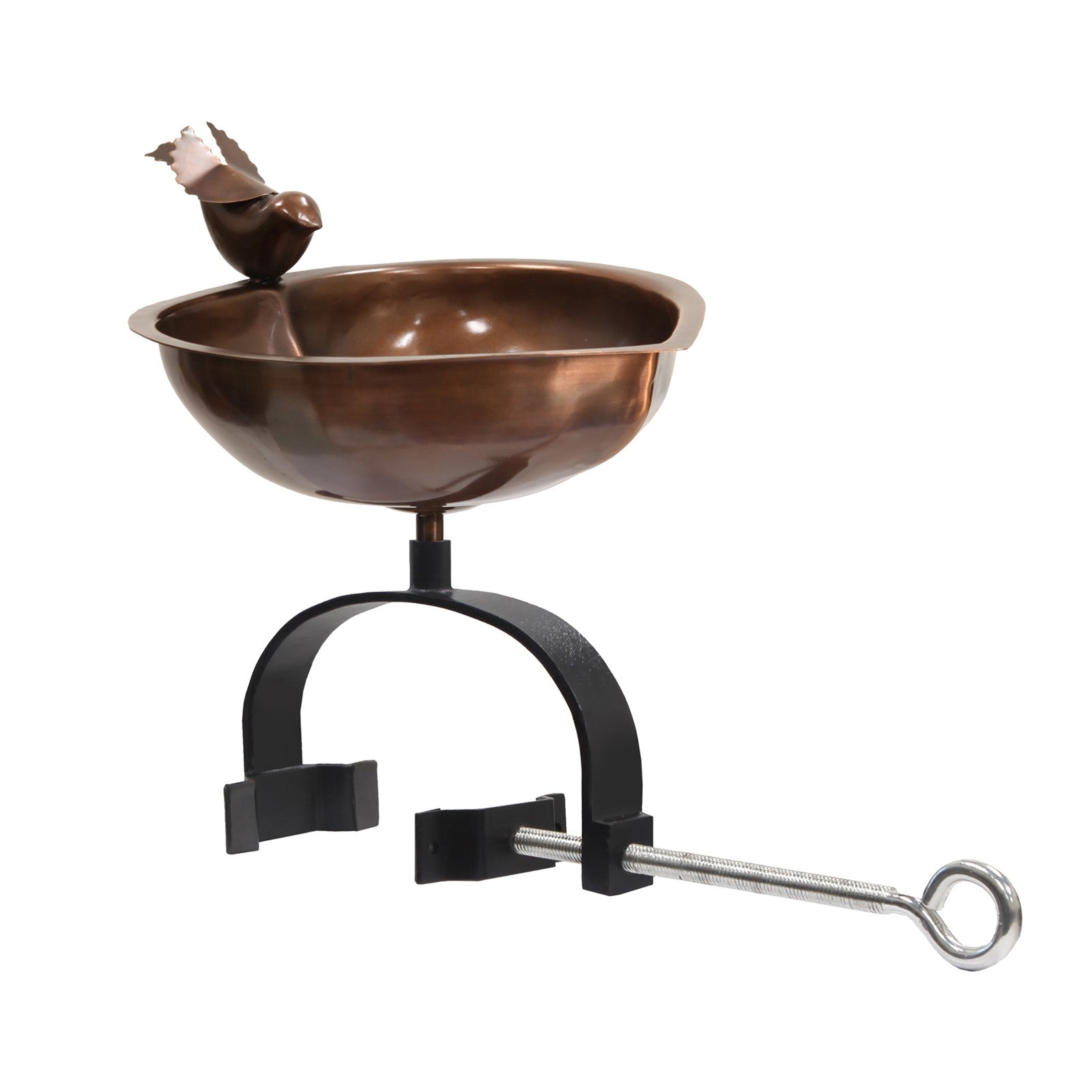 ACHLA Heart Shaped Birdbath Over Rail Bracket | Antique Copper Copper-Plated Stainless Steel Bowl and Black Wrought Iron Bracket | Model HBB-01-OR2