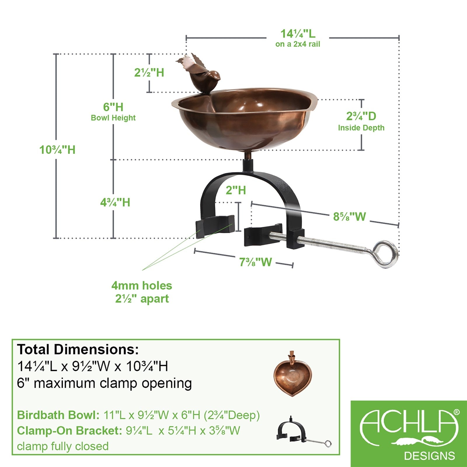 ACHLA Heart Shaped Birdbath Over Rail Bracket | Antique Copper Copper-Plated Stainless Steel Bowl and Black Wrought Iron Bracket | Model HBB-01-OR2