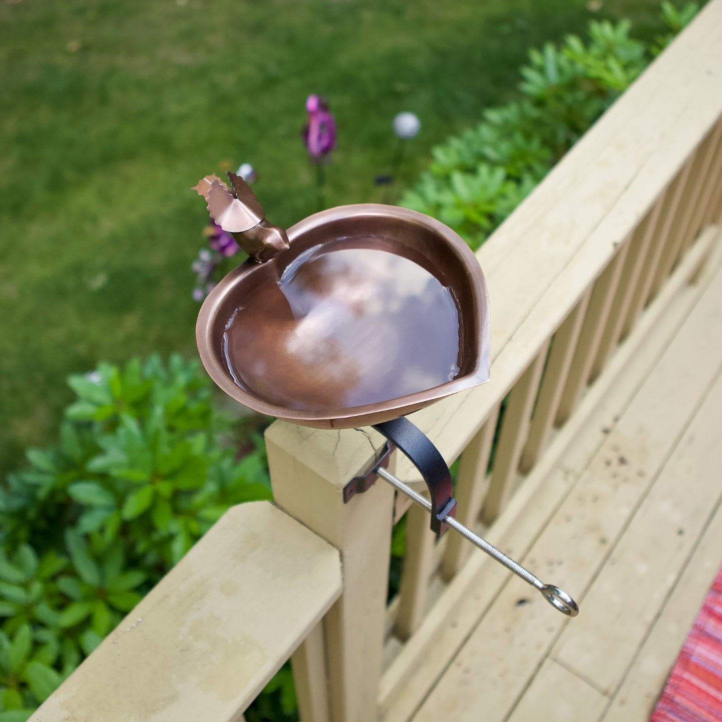 ACHLA Heart Shaped Birdbath Over Rail Bracket | Antique Copper Copper-Plated Stainless Steel Bowl and Black Wrought Iron Bracket | Model HBB-01-OR2