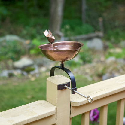 ACHLA Heart Shaped Birdbath Over Rail Bracket | Antique Copper Copper-Plated Stainless Steel Bowl and Black Wrought Iron Bracket | Model HBB-01-OR2