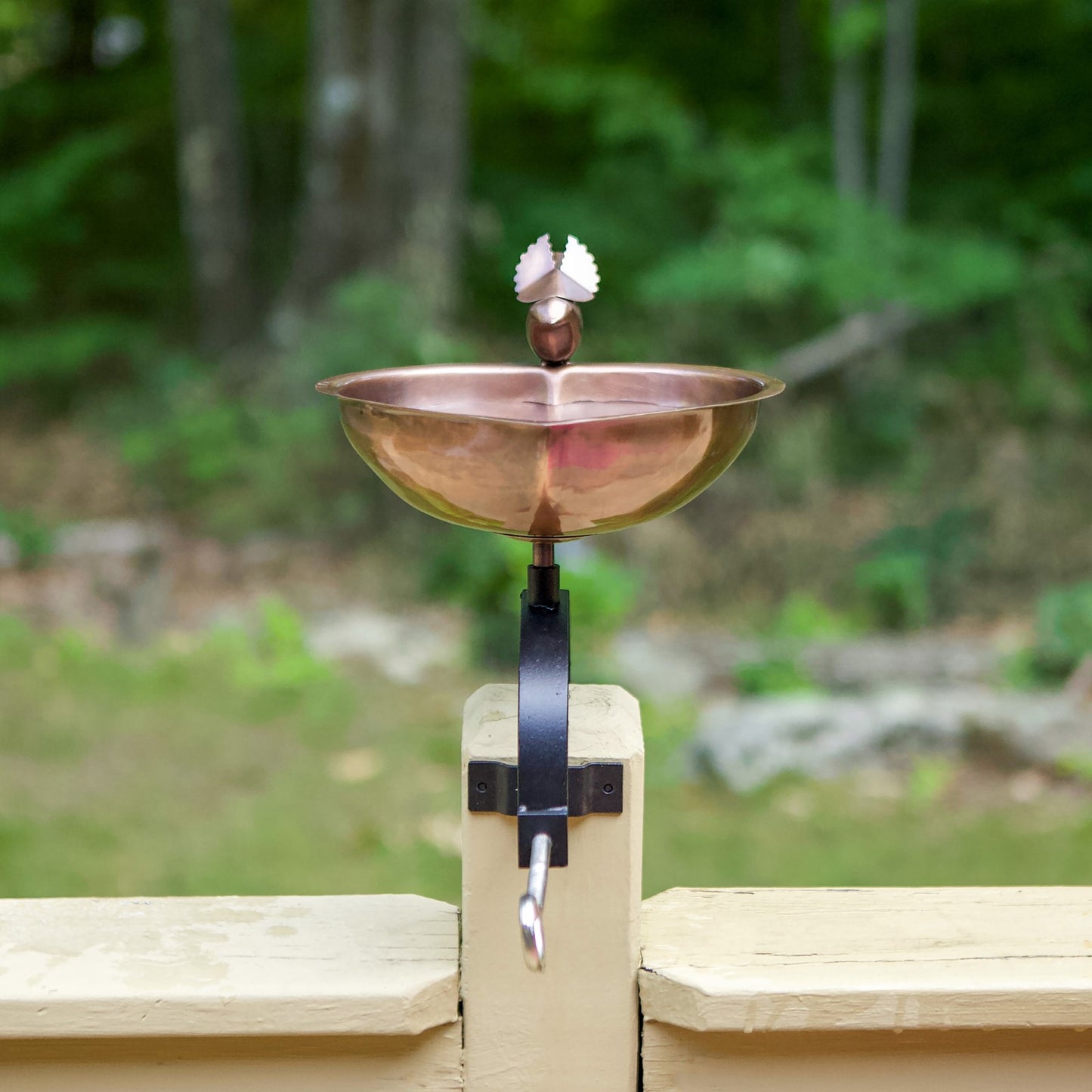 ACHLA Heart Shaped Birdbath Over Rail Bracket | Antique Copper Copper-Plated Stainless Steel Bowl and Black Wrought Iron Bracket | Model HBB-01-OR2