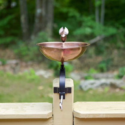 ACHLA Heart Shaped Birdbath Over Rail Bracket | Antique Copper Copper-Plated Stainless Steel Bowl and Black Wrought Iron Bracket | Model HBB-01-OR2