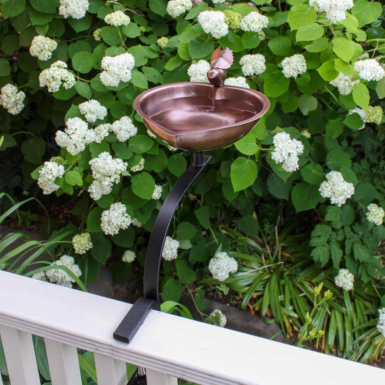 ACHLA Heart Shaped Birdbath with Rail Mount Bracket | Antique Copper Stainless Steel and Wrought Iron | Porch, Balcony & Deck | Model HBB-01-RM