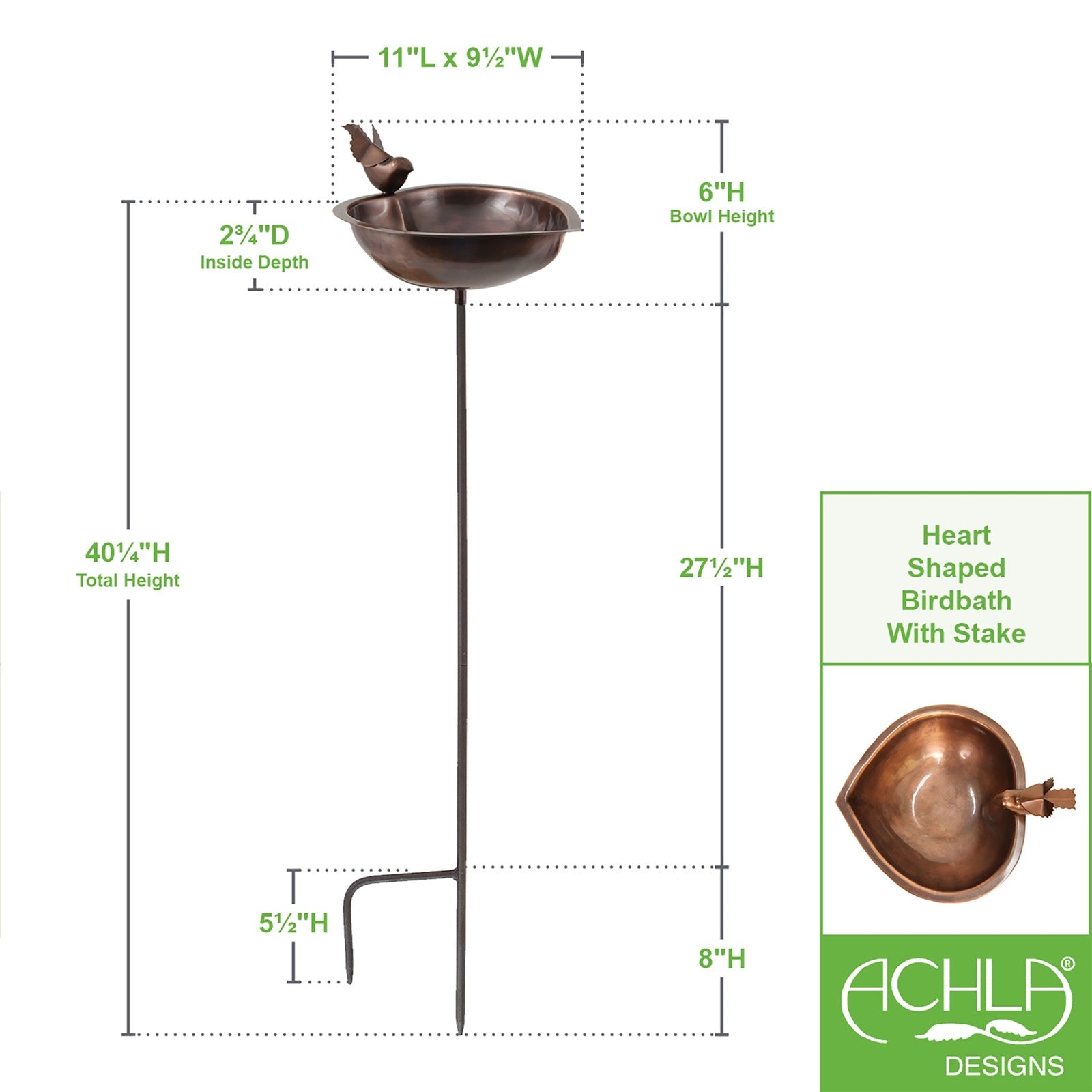 ACHLA Heart Shaped Birdbath with Stand | Antique Copper Plated Stainless Steel | Garden & Patio Water Feature | 9 x 9 x 39.5 in | Model HBB-01-S