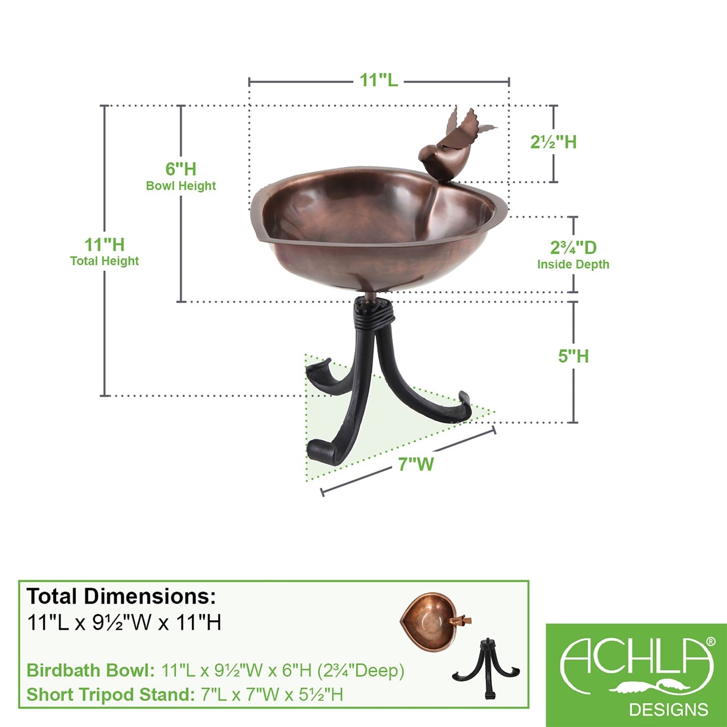 ACHLA Heart Shaped Birdbath with Tripod Stand | Antique Copper Stainless Steel and Black Wrought Iron | Garden & Patio Bird Bath | Model HBB-01-TR