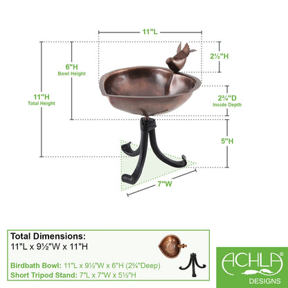 ACHLA Heart Shaped Birdbath with Tripod Stand | Antique Copper Stainless Steel and Black Wrought Iron | Garden & Patio Bird Bath | Model HBB-01-TR
