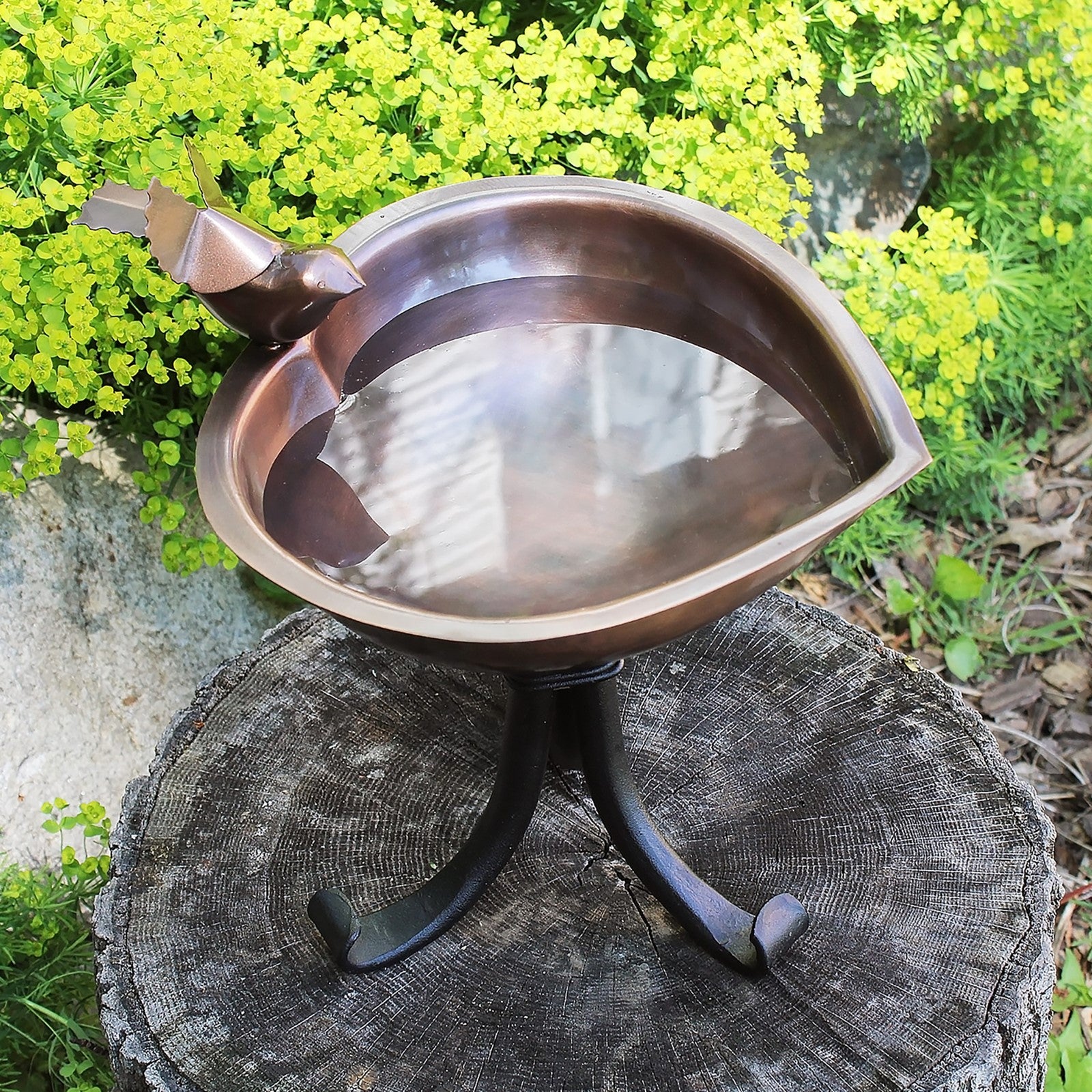 ACHLA Heart Shaped Birdbath with Tripod Stand | Antique Copper Stainless Steel and Black Wrought Iron | Garden & Patio Bird Bath | Model HBB-01-TR