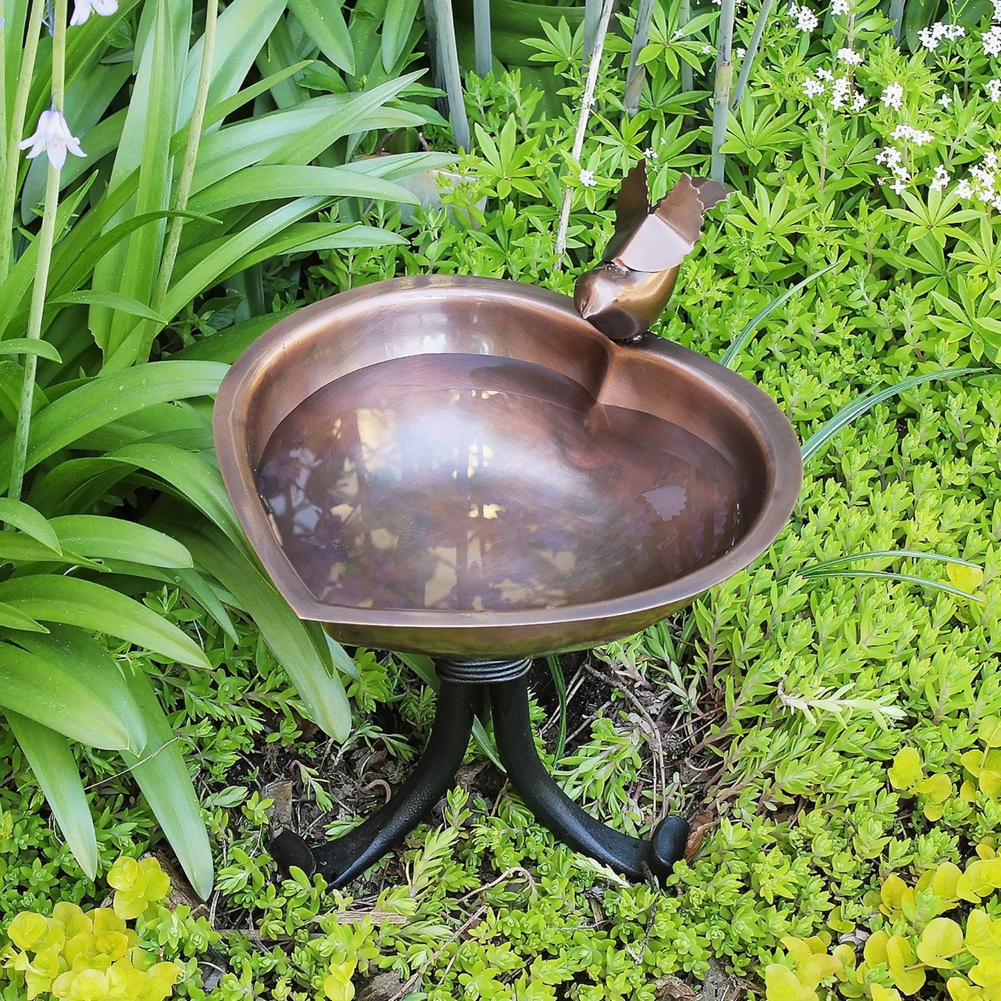 ACHLA Heart Shaped Birdbath with Tripod Stand | Antique Copper Stainless Steel and Black Wrought Iron | Garden & Patio Bird Bath | Model HBB-01-TR