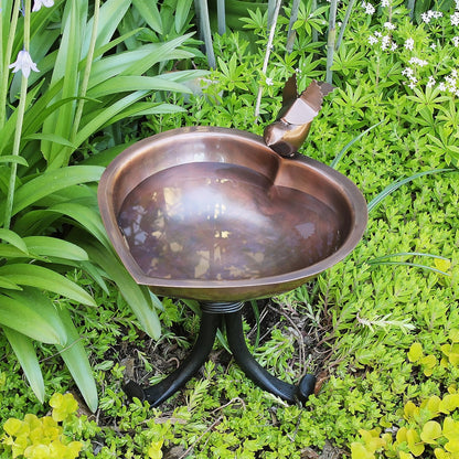 ACHLA Heart Shaped Birdbath with Tripod Stand | Antique Copper Stainless Steel and Black Wrought Iron | Garden & Patio Bird Bath | Model HBB-01-TR