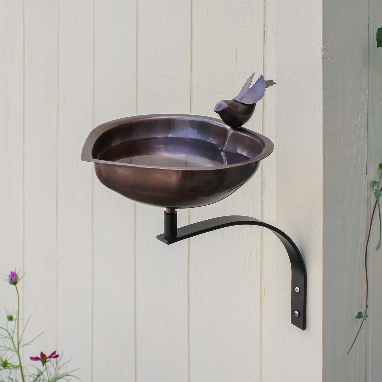 ACHLA Heart Shaped Birdbath with Wall Mount Bracket | Antique Copper Stainless Steel & Wrought Iron | Small Garden & Urban Patio | Model HBB-01-WM