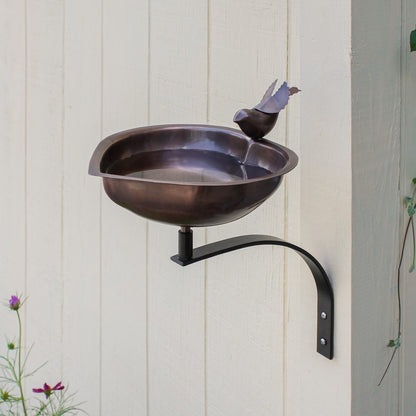 ACHLA Heart Shaped Birdbath with Wall Mount Bracket | Antique Copper Stainless Steel & Wrought Iron | Small Garden & Urban Patio | Model HBB-01-WM