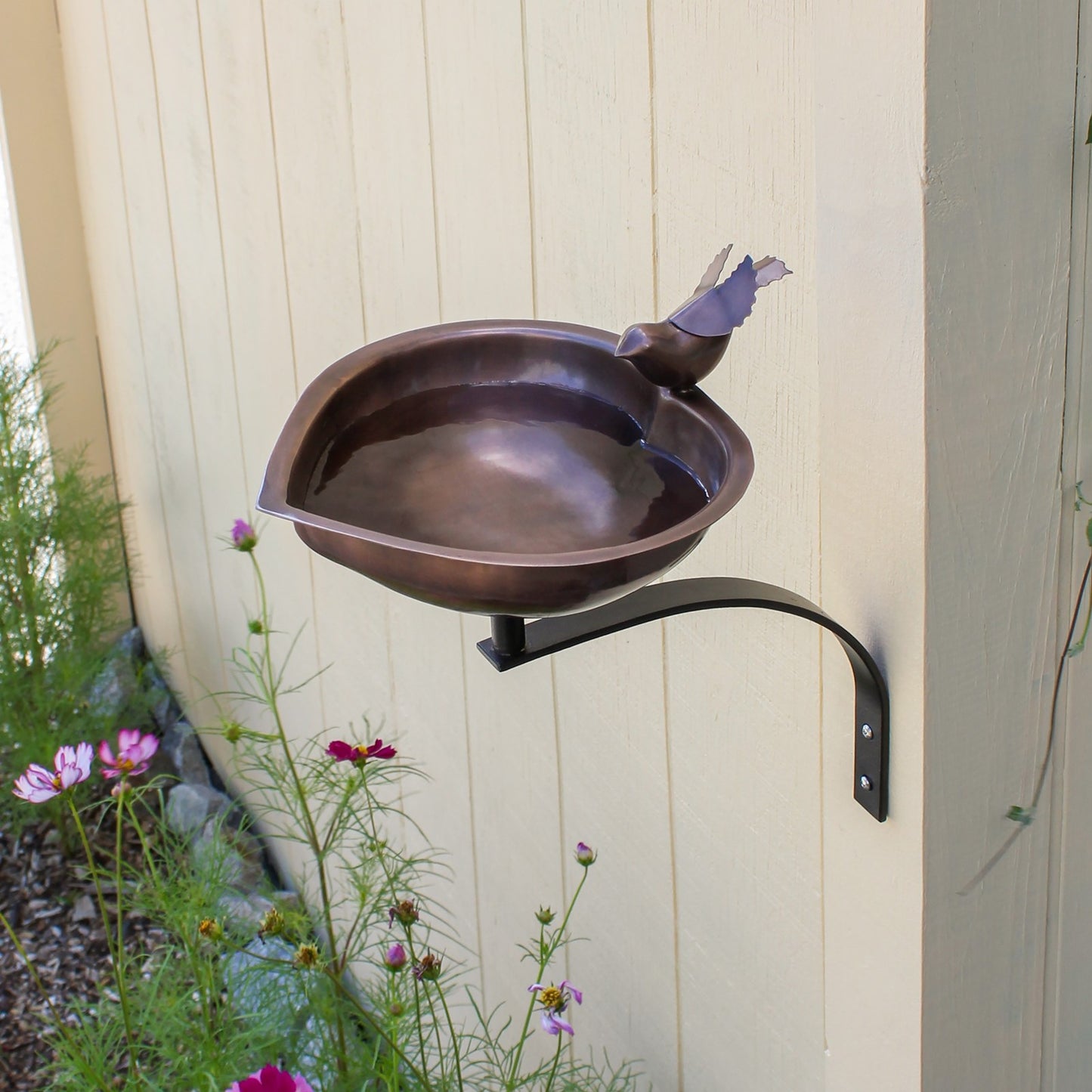ACHLA Heart Shaped Birdbath with Wall Mount Bracket | Antique Copper Stainless Steel & Wrought Iron | Small Garden & Urban Patio | Model HBB-01-WM