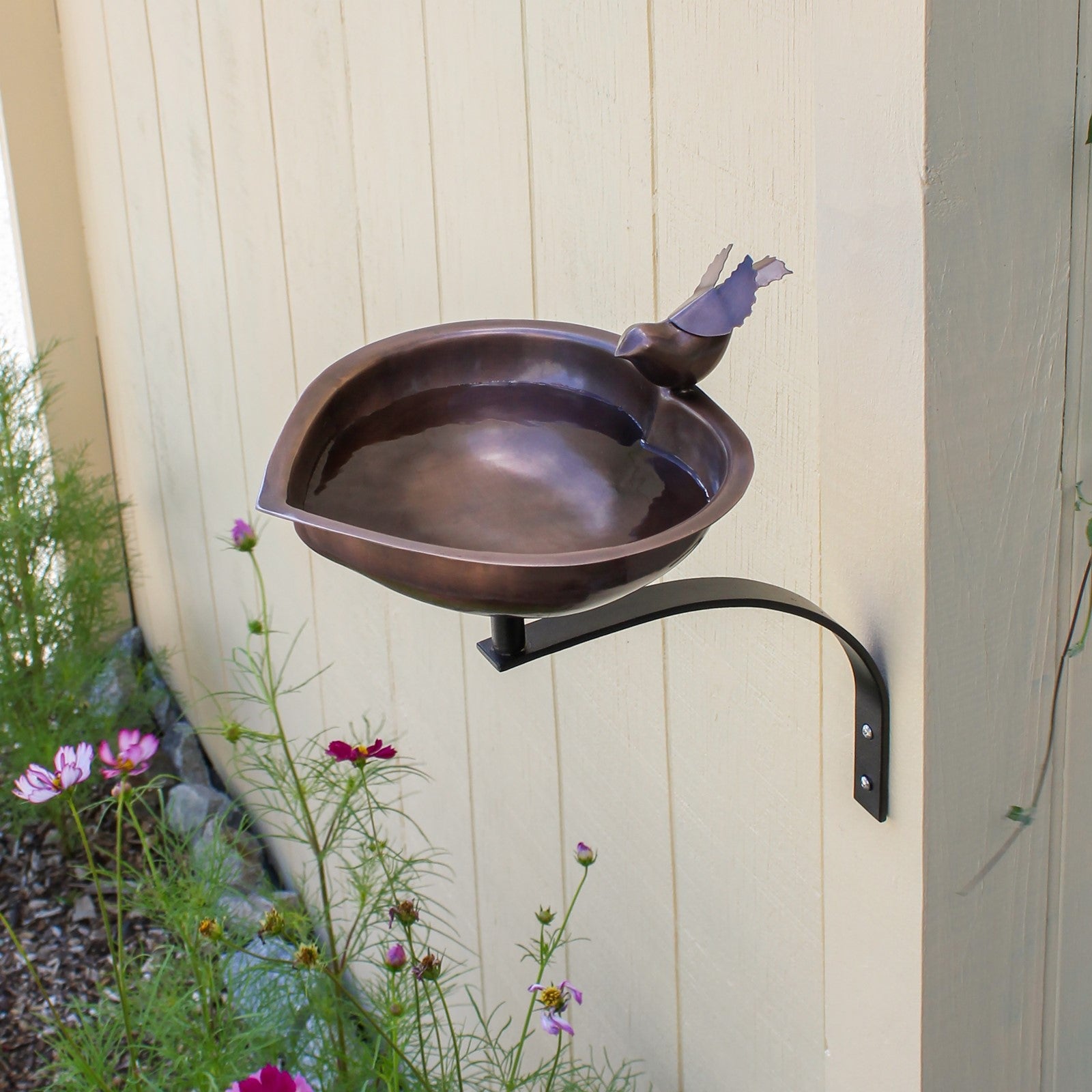 ACHLA Heart Shaped Birdbath with Wall Mount Bracket | Antique Copper Stainless Steel & Wrought Iron | Small Garden & Urban Patio | Model HBB-01-WM
