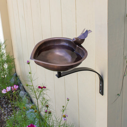 ACHLA Heart Shaped Birdbath with Wall Mount Bracket | Antique Copper Stainless Steel & Wrought Iron | Small Garden & Urban Patio | Model HBB-01-WM