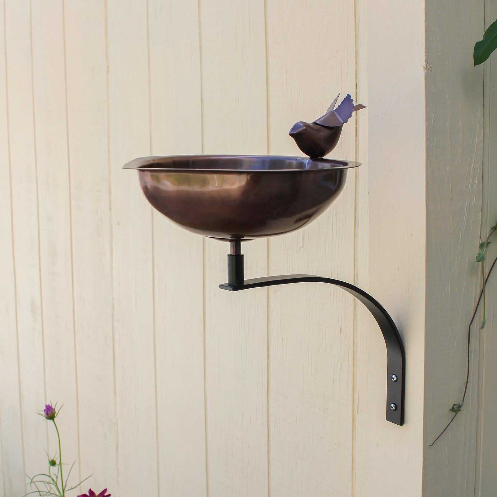 ACHLA Heart Shaped Birdbath with Wall Mount Bracket | Antique Copper Stainless Steel & Wrought Iron | Small Garden & Urban Patio | Model HBB-01-WM