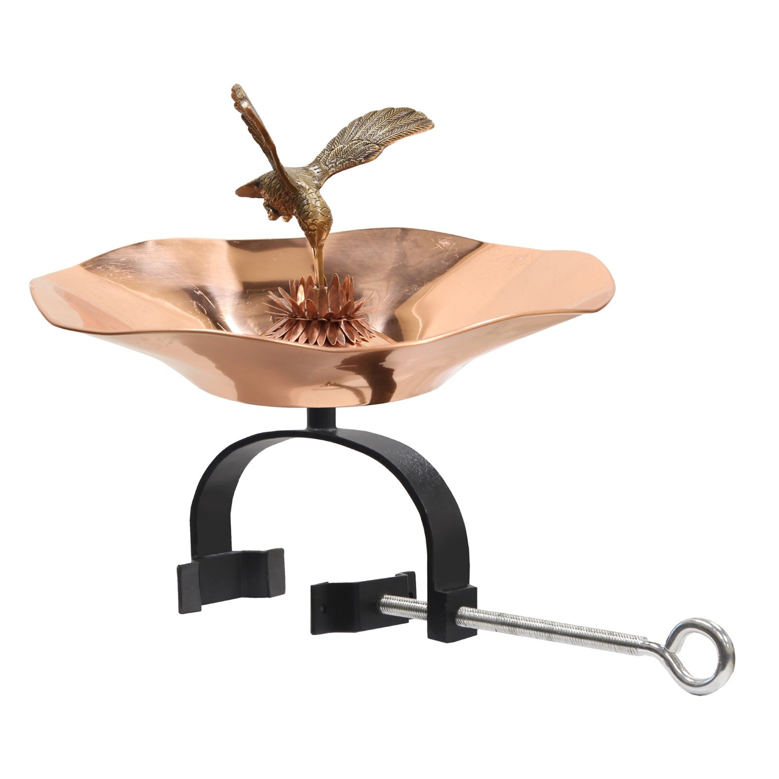 ACHLA Hummingbird Birdbath Over Railing Bracket | Polished Brass and Black Wrought Iron | Deck, Balcony & Porch Garden Decor | Model HBBB-01-OR2