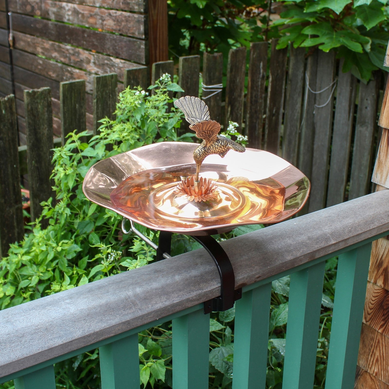 ACHLA Hummingbird Birdbath Over Railing Bracket | Polished Brass and Black Wrought Iron | Deck, Balcony & Porch Garden Decor | Model HBBB-01-OR2