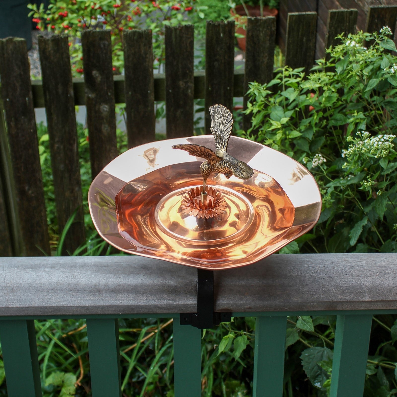 ACHLA Hummingbird Birdbath Over Railing Bracket | Polished Brass and Black Wrought Iron | Deck, Balcony & Porch Garden Decor | Model HBBB-01-OR2