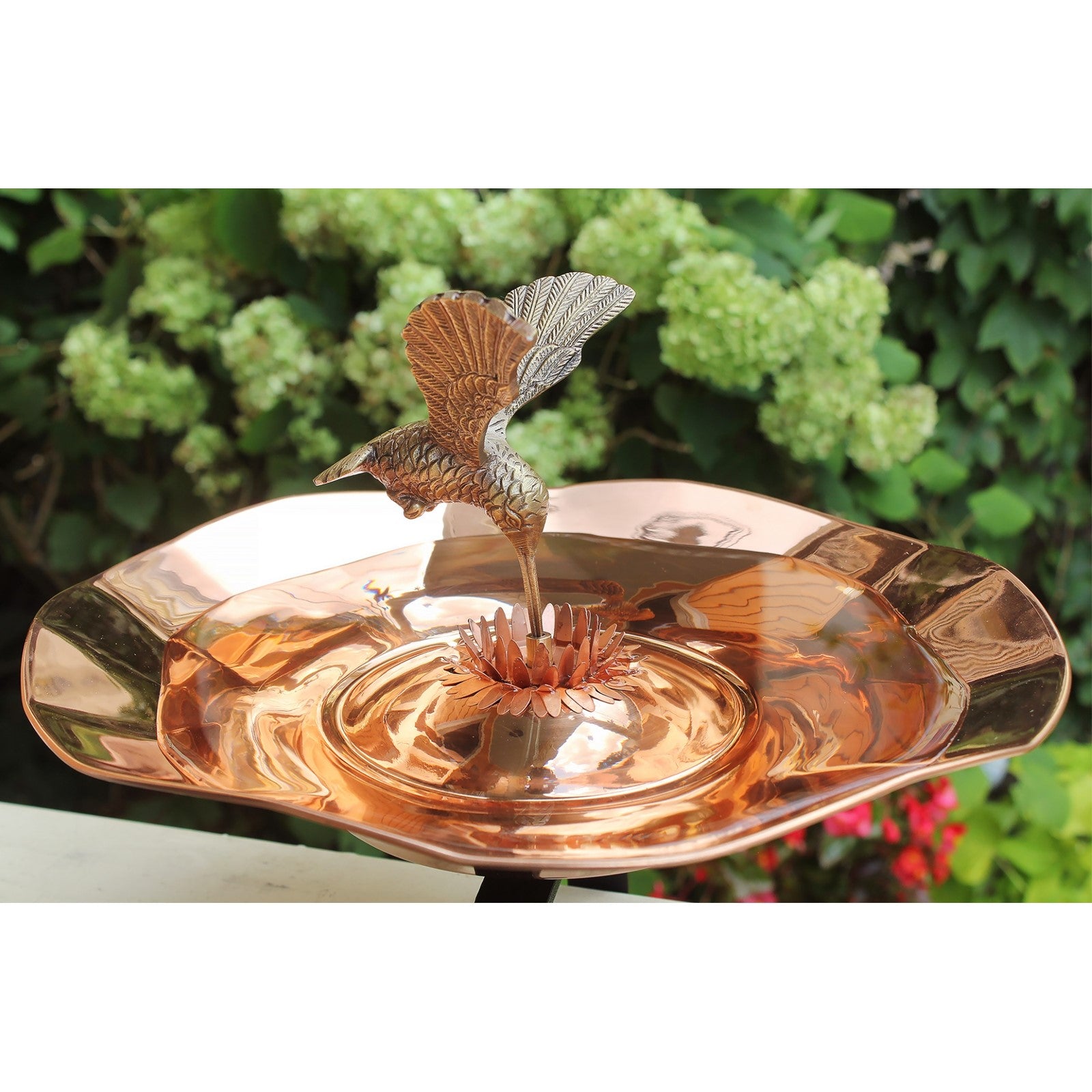 ACHLA Hummingbird Birdbath Over Railing Bracket | Polished Brass and Black Wrought Iron | Deck, Balcony & Porch Garden Decor | Model HBBB-01-OR2