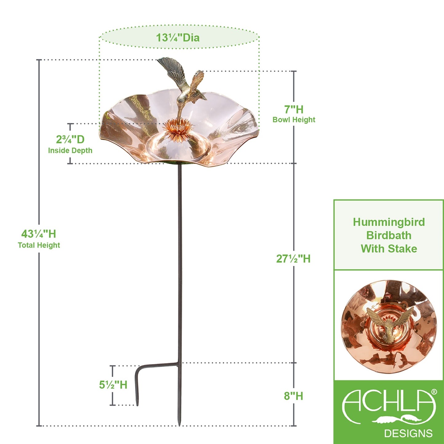 ACHLA Hummingbird Birdbath with Stand | Polished Brass and Copper | Garden & Patio Accent | 13.25 x 13.25 x 7 in | Model HBBB-01-S