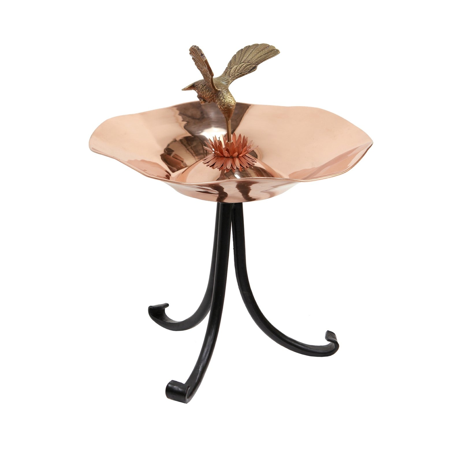 ACHLA Hummingbird Birdbath Tripod Stand | Polished Brass & Copper Flower-Shaped Bowl on Black Wrought Iron Base | Garden & Patio | Model HBBB-01-TR2