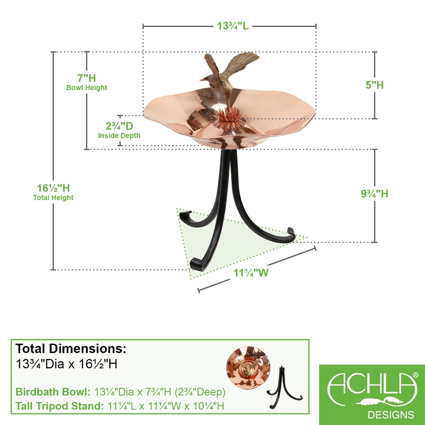 ACHLA Hummingbird Birdbath Tripod Stand | Polished Brass & Copper Flower-Shaped Bowl on Black Wrought Iron Base | Garden & Patio | Model HBBB-01-TR2