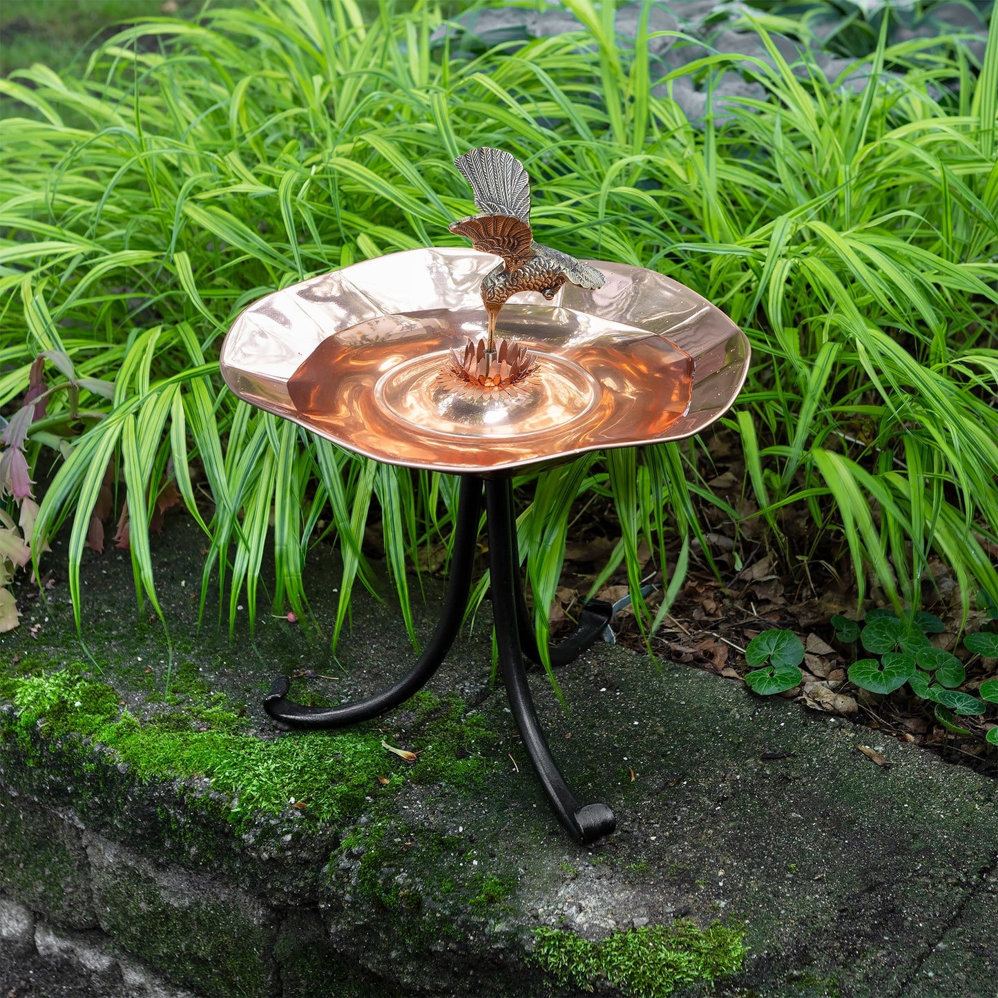 ACHLA Hummingbird Birdbath Tripod Stand | Polished Brass & Copper Flower-Shaped Bowl on Black Wrought Iron Base | Garden & Patio | Model HBBB-01-TR2