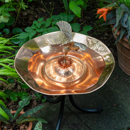 ACHLA Hummingbird Birdbath Tripod Stand | Polished Brass & Copper Flower-Shaped Bowl on Black Wrought Iron Base | Garden & Patio | Model HBBB-01-TR2