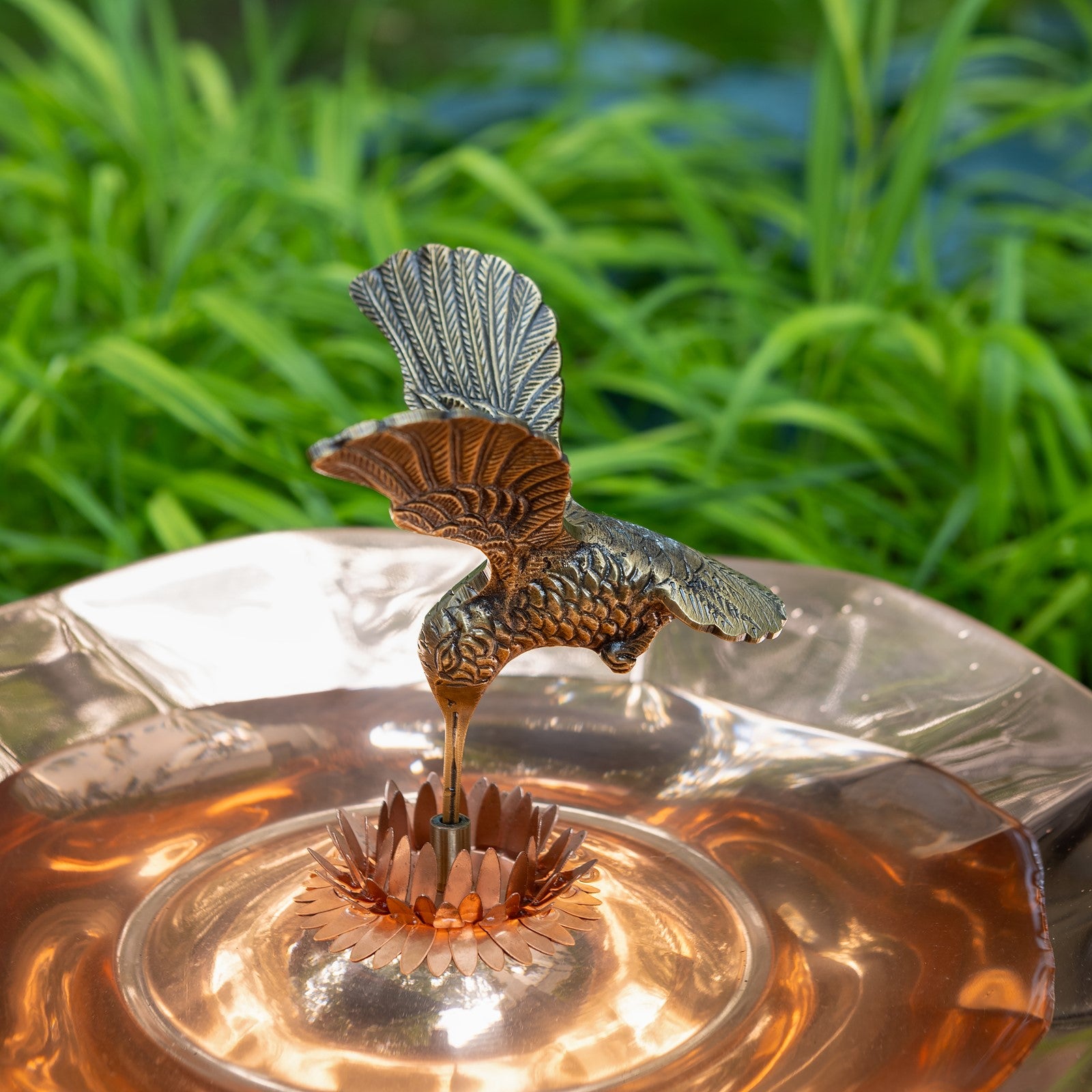 ACHLA Hummingbird Birdbath Tripod Stand | Polished Brass & Copper Flower-Shaped Bowl on Black Wrought Iron Base | Garden & Patio | Model HBBB-01-TR2