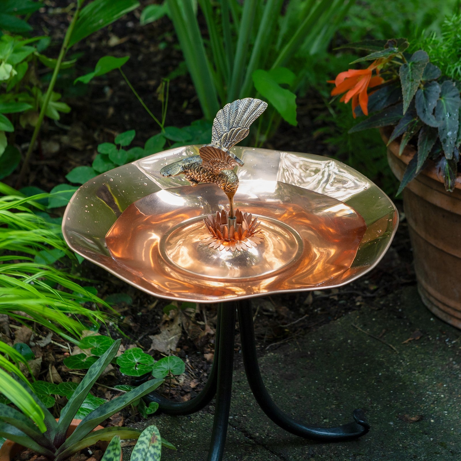 ACHLA Hummingbird Birdbath Tripod Stand | Polished Brass & Copper Flower-Shaped Bowl on Black Wrought Iron Base | Garden & Patio | Model HBBB-01-TR2