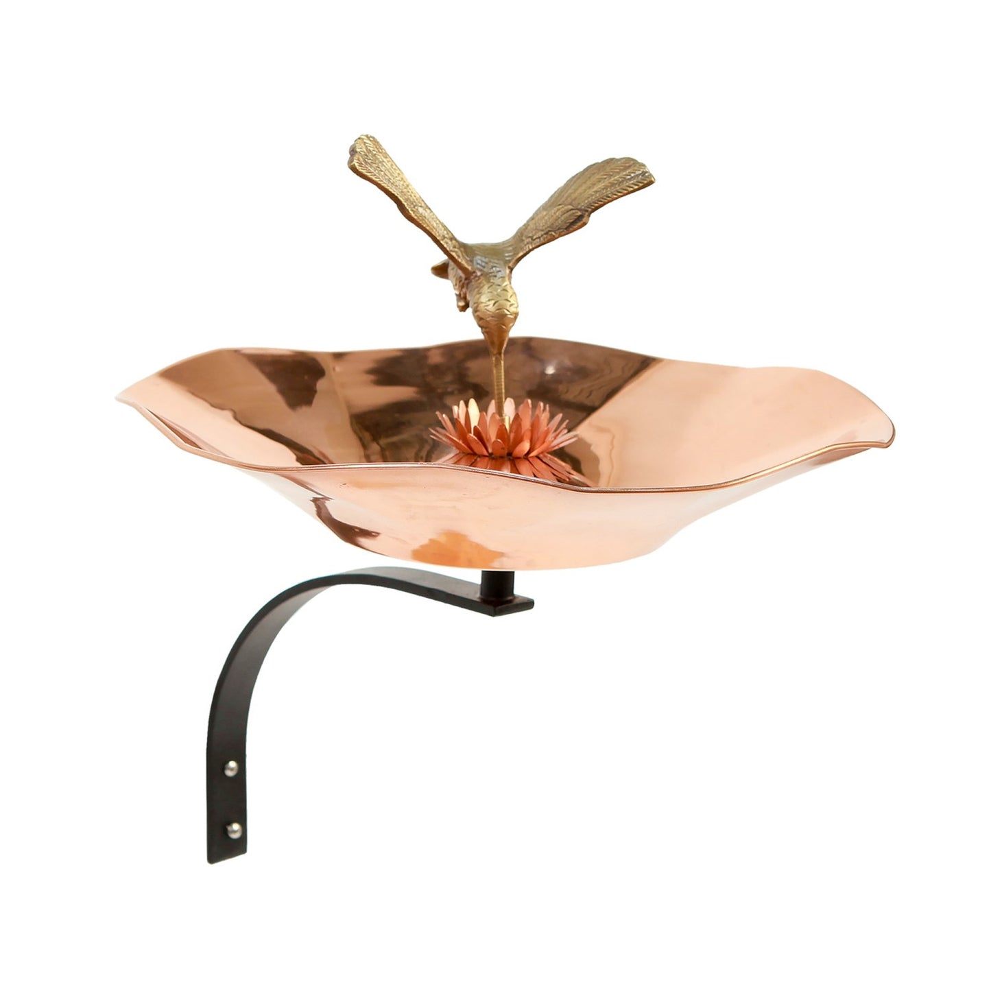 ACHLA Hummingbird Birdbath with Wall Mount Bracket | Polished Copper and Brass Outdoor Garden Decor | Patio & Small Garden | Model HBBB-01-WM