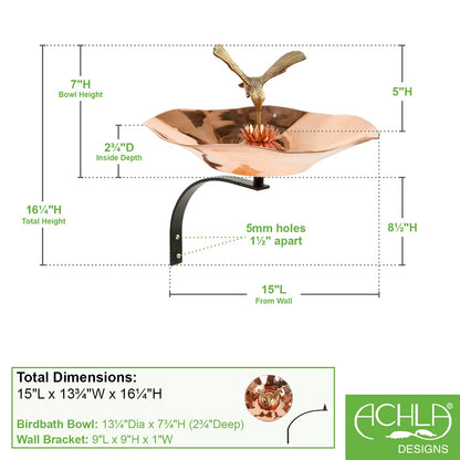 ACHLA Hummingbird Birdbath with Wall Mount Bracket | Polished Copper and Brass Outdoor Garden Decor | Patio & Small Garden | Model HBBB-01-WM
