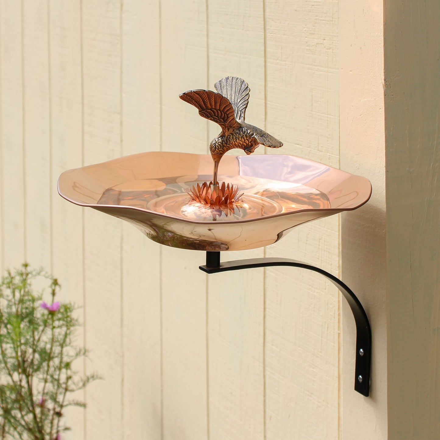 ACHLA Hummingbird Birdbath with Wall Mount Bracket | Polished Copper and Brass Outdoor Garden Decor | Patio & Small Garden | Model HBBB-01-WM