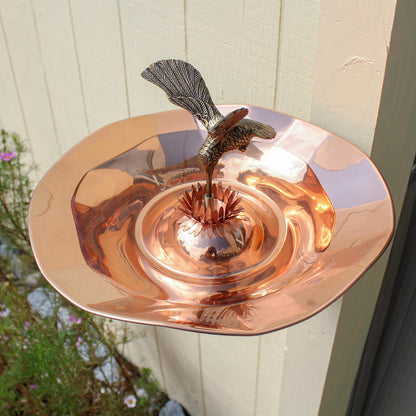 ACHLA Hummingbird Birdbath with Wall Mount Bracket | Polished Copper and Brass Outdoor Garden Decor | Patio & Small Garden | Model HBBB-01-WM