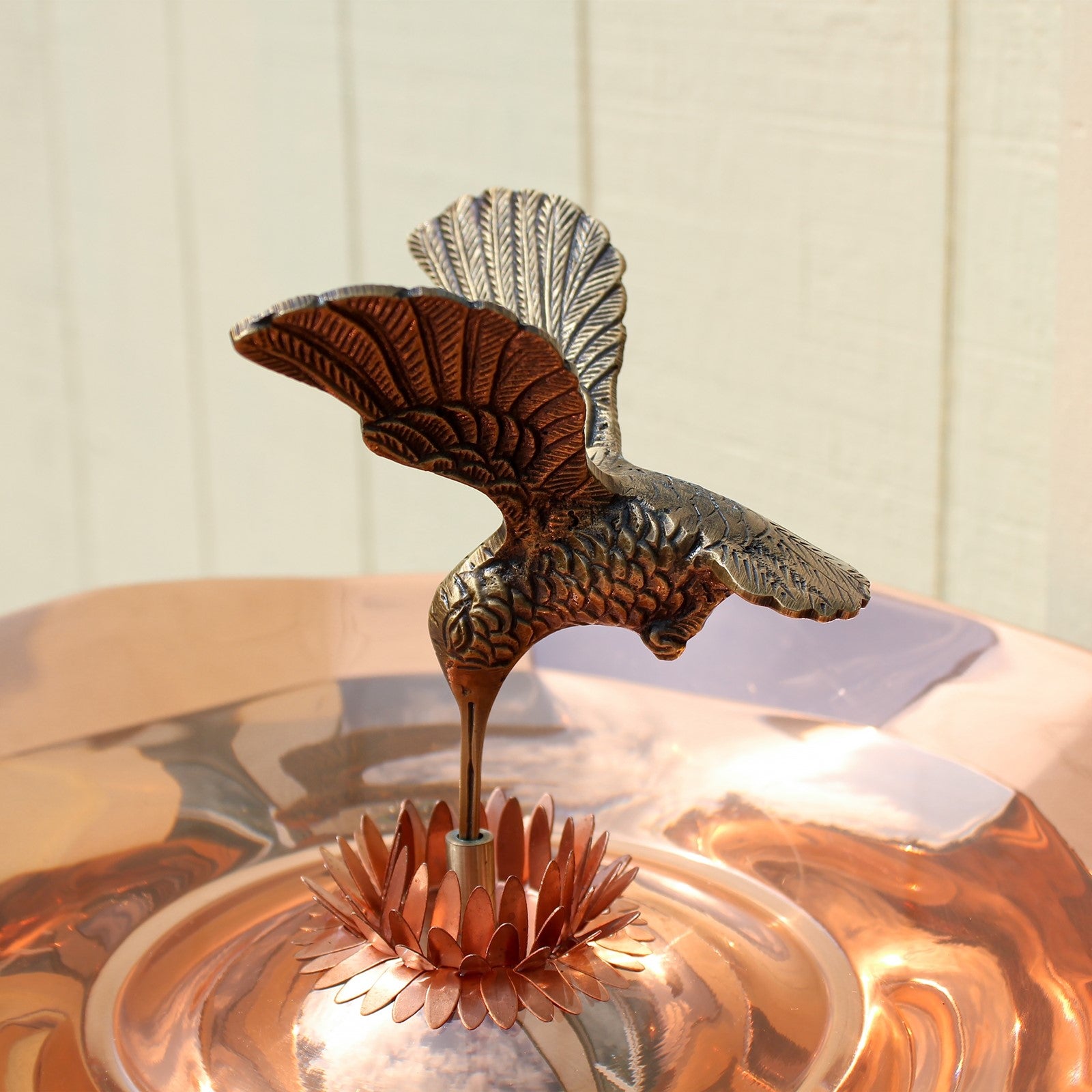 ACHLA Hummingbird Birdbath with Wall Mount Bracket | Polished Copper and Brass Outdoor Garden Decor | Patio & Small Garden | Model HBBB-01-WM