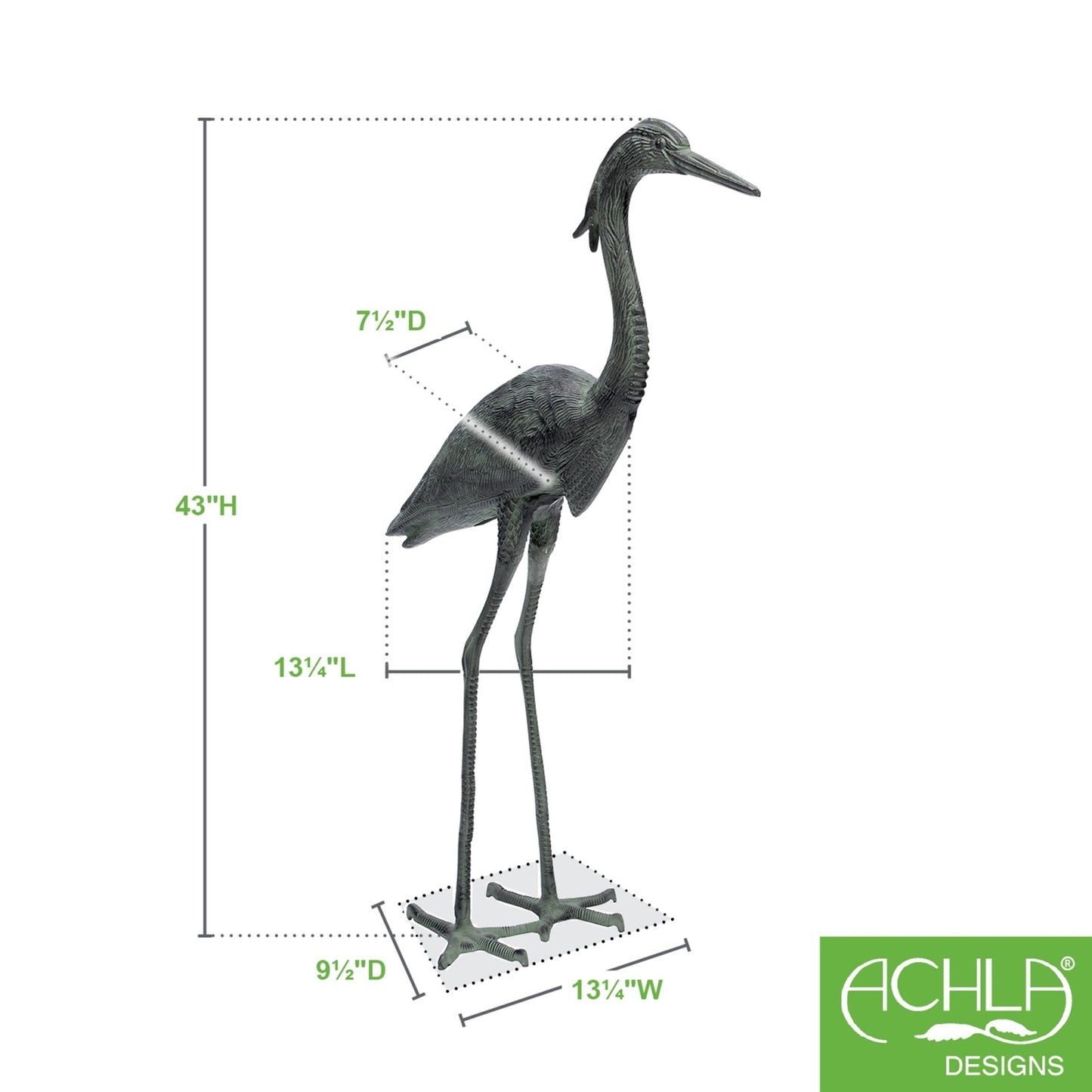 ACHLA Great Blue Heron 43in Tall Cast Aluminum Garden Sculpture | Blue/Grey Verdi Finish | Outdoor Patio & Lawn Decor | Model HSB-02