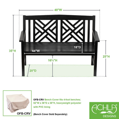 ACHLA Fretwork 4ft Bench | Black Eucalyptus Wood with Lattice Back | Garden, Patio & Indoor Seating | Model OFB-10B-P